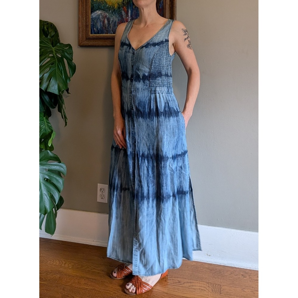 Y2K 90's Denim Maxi Dress Jumper Modest Smocked Tie‎ Dye Chambray Mature Teacher